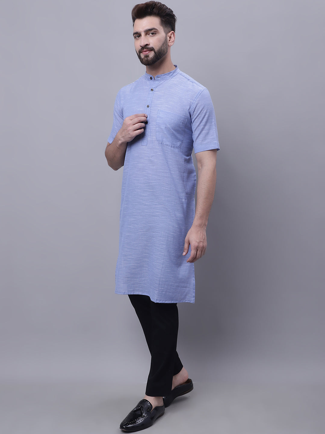 Even Apparels Blue Pure Cotton Short Sleeves Kurta With Band Collar | Swadesiicart