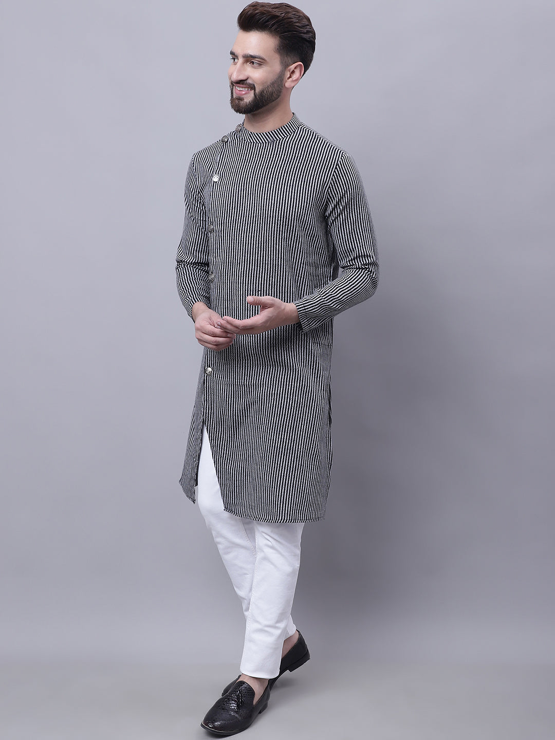 Even Apparels Black Sherwani Kurta With Asymetrical Cut | Swadesiicart