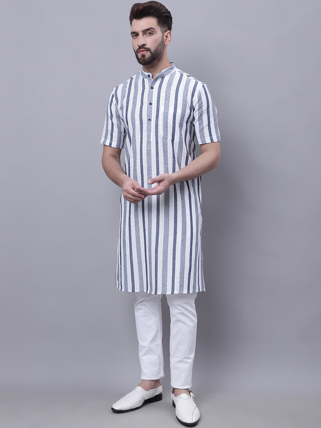 Even Apparels Grey Pure Cotton Short Sleeves Kurta With Band Collar | Swadesiicart