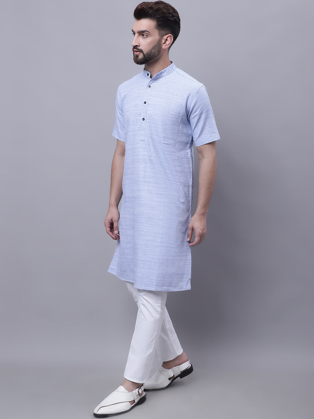 Even Apparels Blue Pure Cotton Short Sleeves Kurta With Band Collar | Swadesiicart