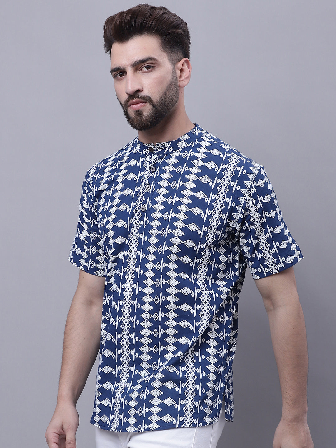 Even Apparels Blue Pure Cotton Short Kurta With Band Collar | Swadesiicart