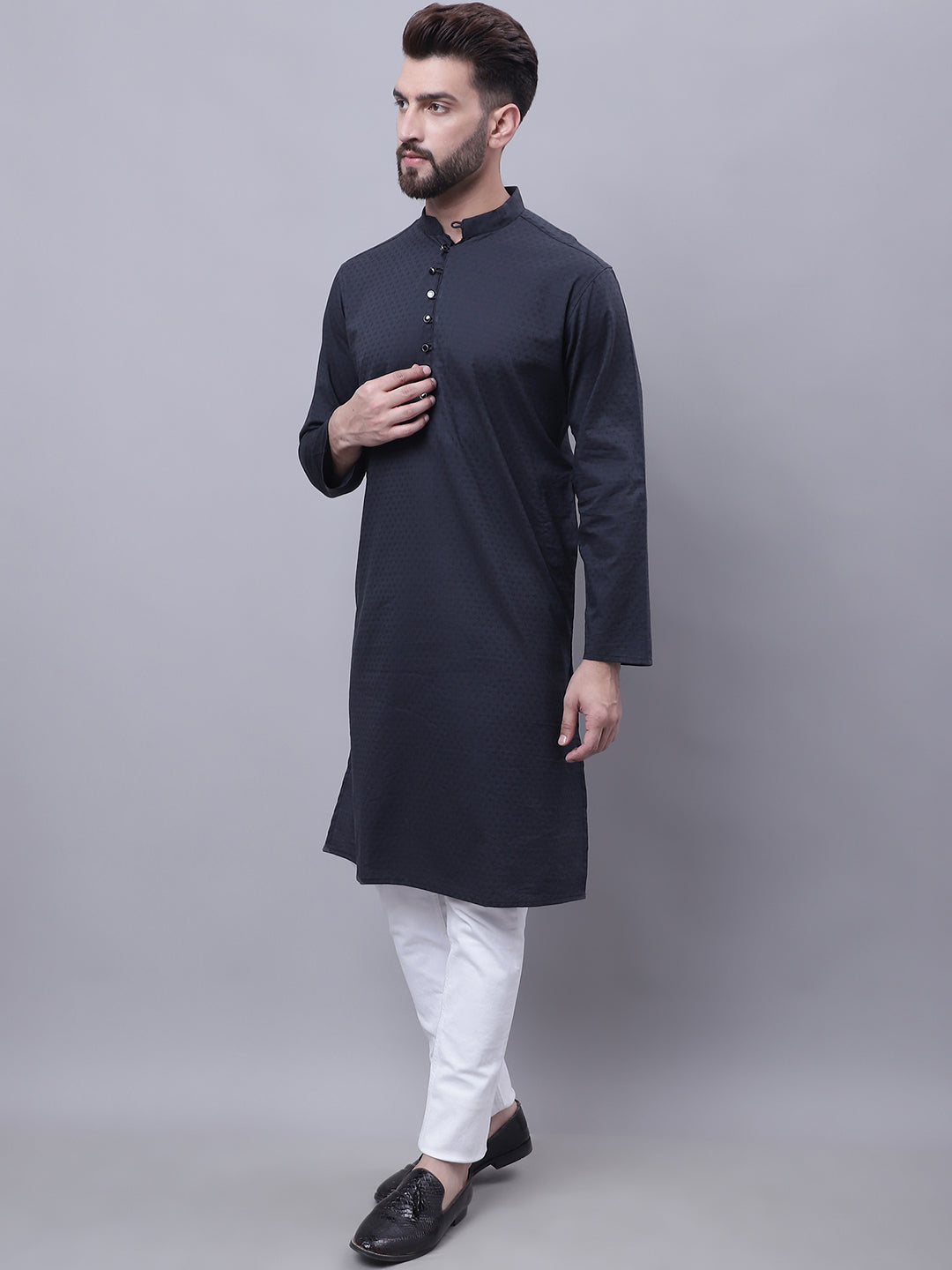 Even Apparels Black Pure Cotton Kurta With Band Collar | Swadesiicart