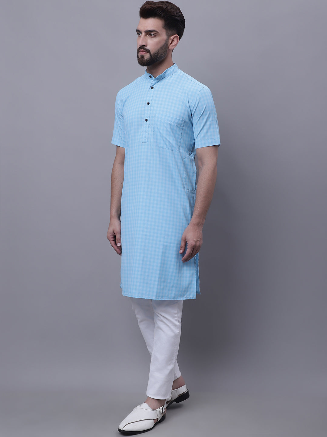 Even Apparels Blue Pure Cotton Short Sleeves Kurta With Band Collar | Swadesiicart