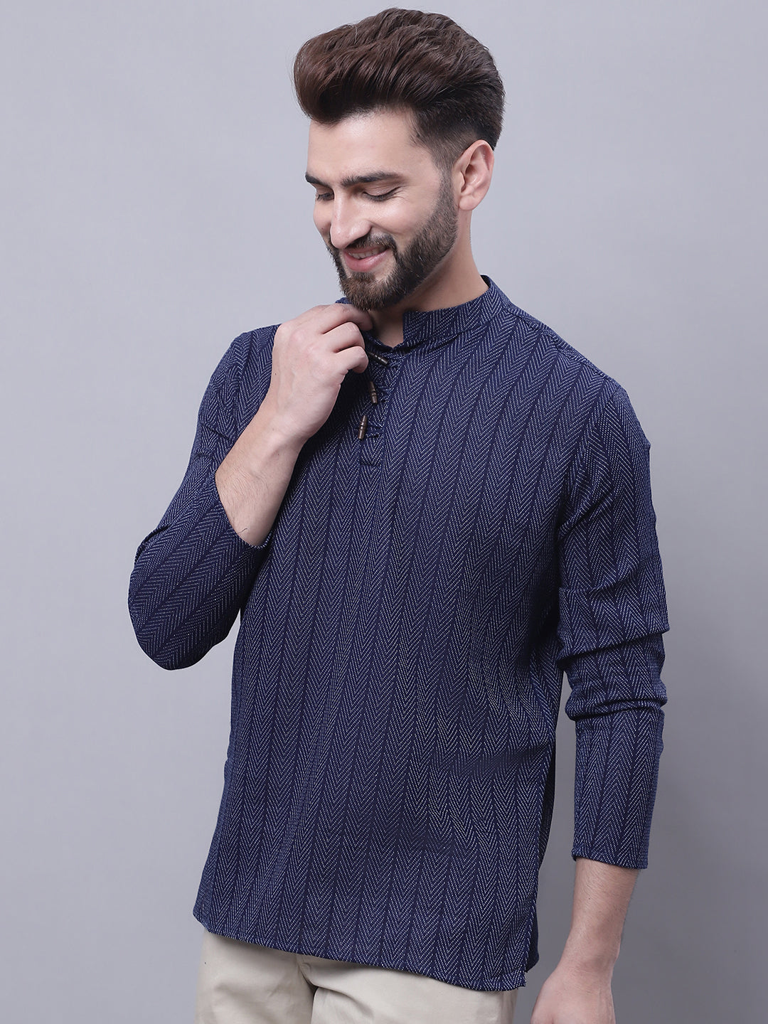 Indian Clothing Even Apparels Blue Pure Cotton Short Kurta With Band Collar | Swadesiicart