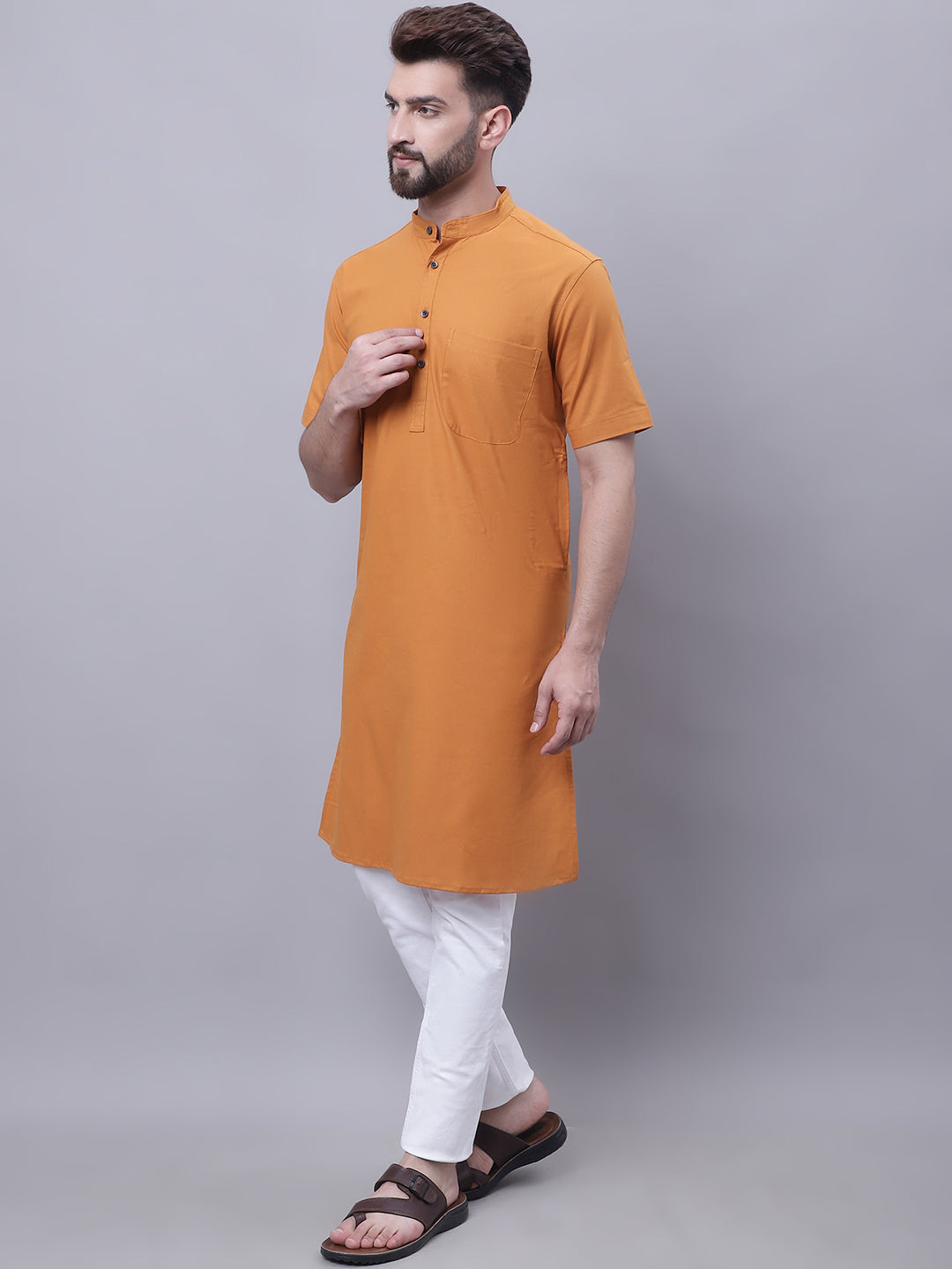 Even Apparels Yellow Pure Cotton Short Sleeves Kurta With Band Collar | Swadesiicart