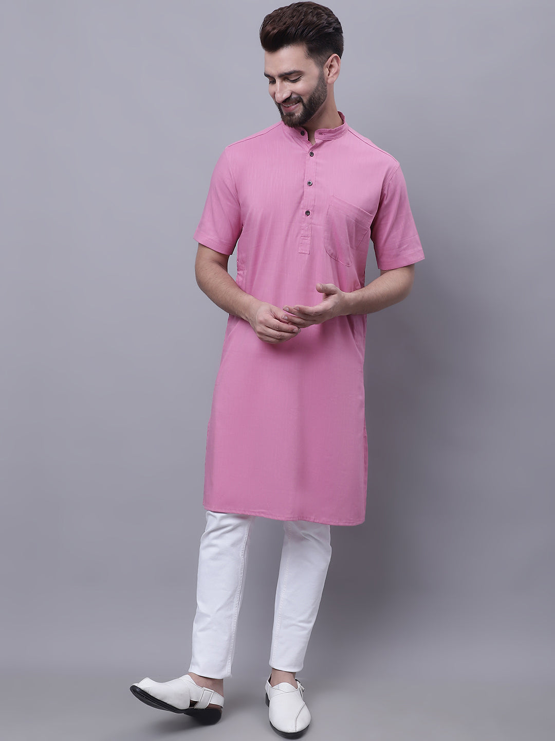 Even Apparels Pink Pure Cotton Short Sleeves Kurta With Band Collar | Swadesiicart