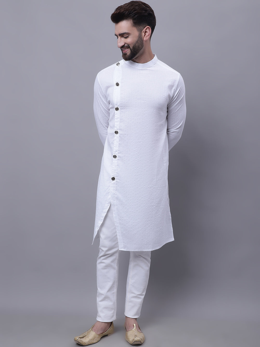 Even Apparels White Sherwani Kurta With Asymetrical Cut | Swadesiicart