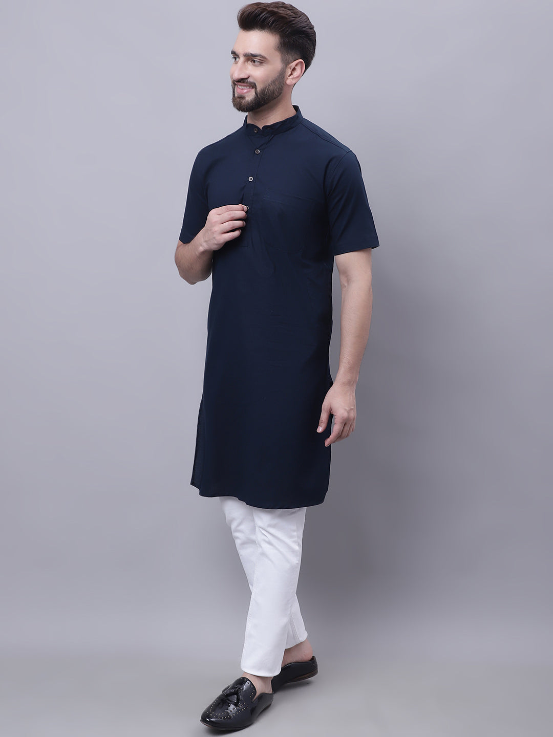 Even Apparels Blue Pure Cotton Short Sleeves Kurta With Band Collar | Swadesiicart