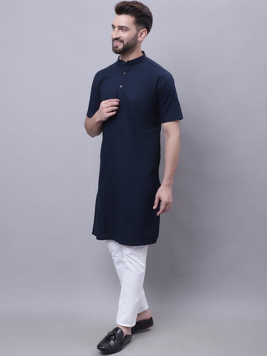 Even Apparels Blue Pure Cotton Short Sleeves Kurta With Band Collar | Swadesiicart