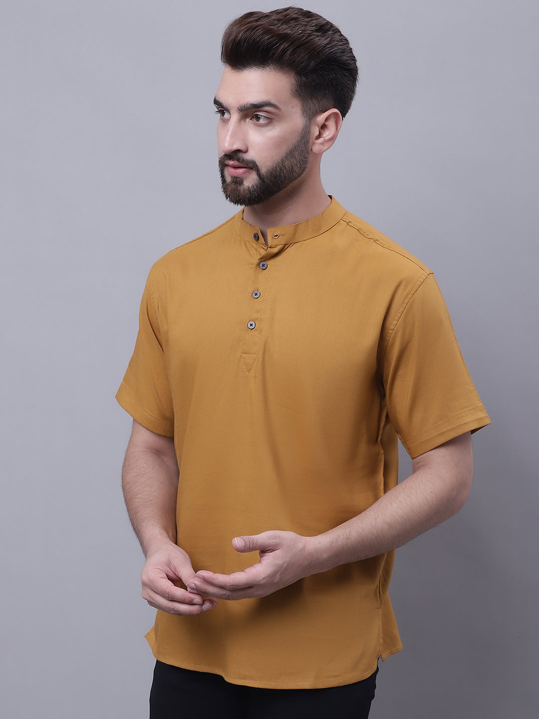 Even Apparels Brown Pure Cotton Short Kurta With Band Collar | Swadesiicart