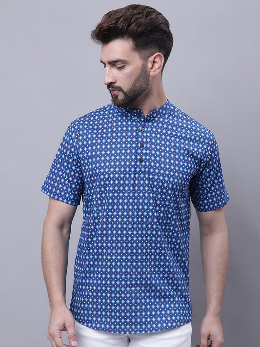 Even Apparels Blue Pure Cotton Short Kurta With Band Collar | Swadesiicart