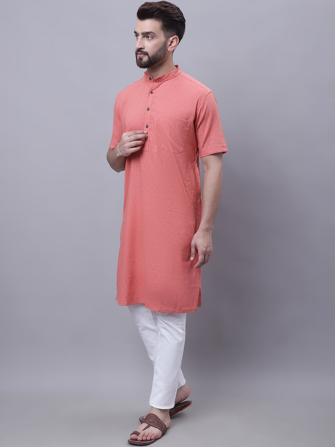 Even Apparels Peach Pure Cotton Short Sleeves Kurta With Band Collar | Swadesiicart