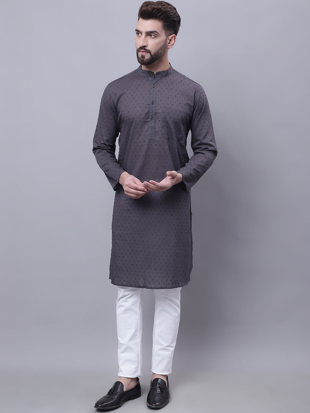 Even Apparels Grey Pure Cotton Kurta With Band Collar | Swadesiicart