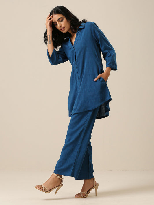 trueBrowns Classic Blue Slub Texture Collar Short Co-Ord Set - Swadesiicart