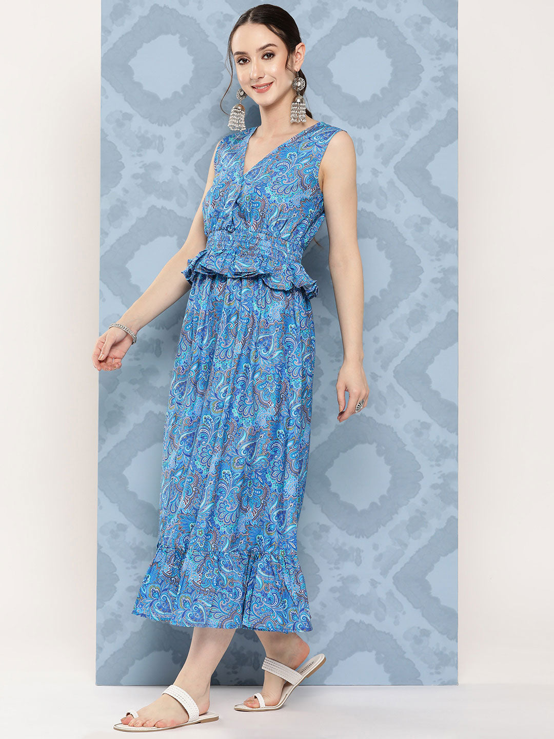 InWeave Women's Sapphire Blue Floral Paisley Print Long Frill Dress - Swadesiicart