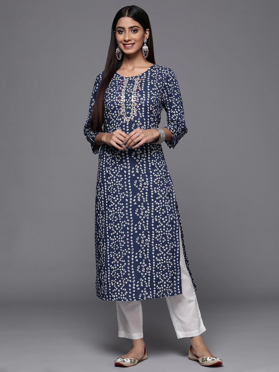 Indian Clothing Varanga Blue Bandhani Print Embroidered Kurta Has Round Neck - Varanga