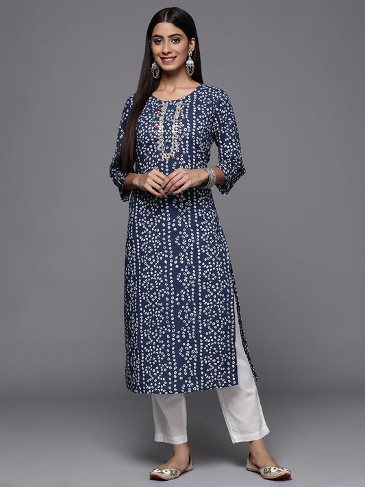 Indian Clothing Varanga Blue Bandhani Print Embroidered Kurta Has Round Neck - Varanga