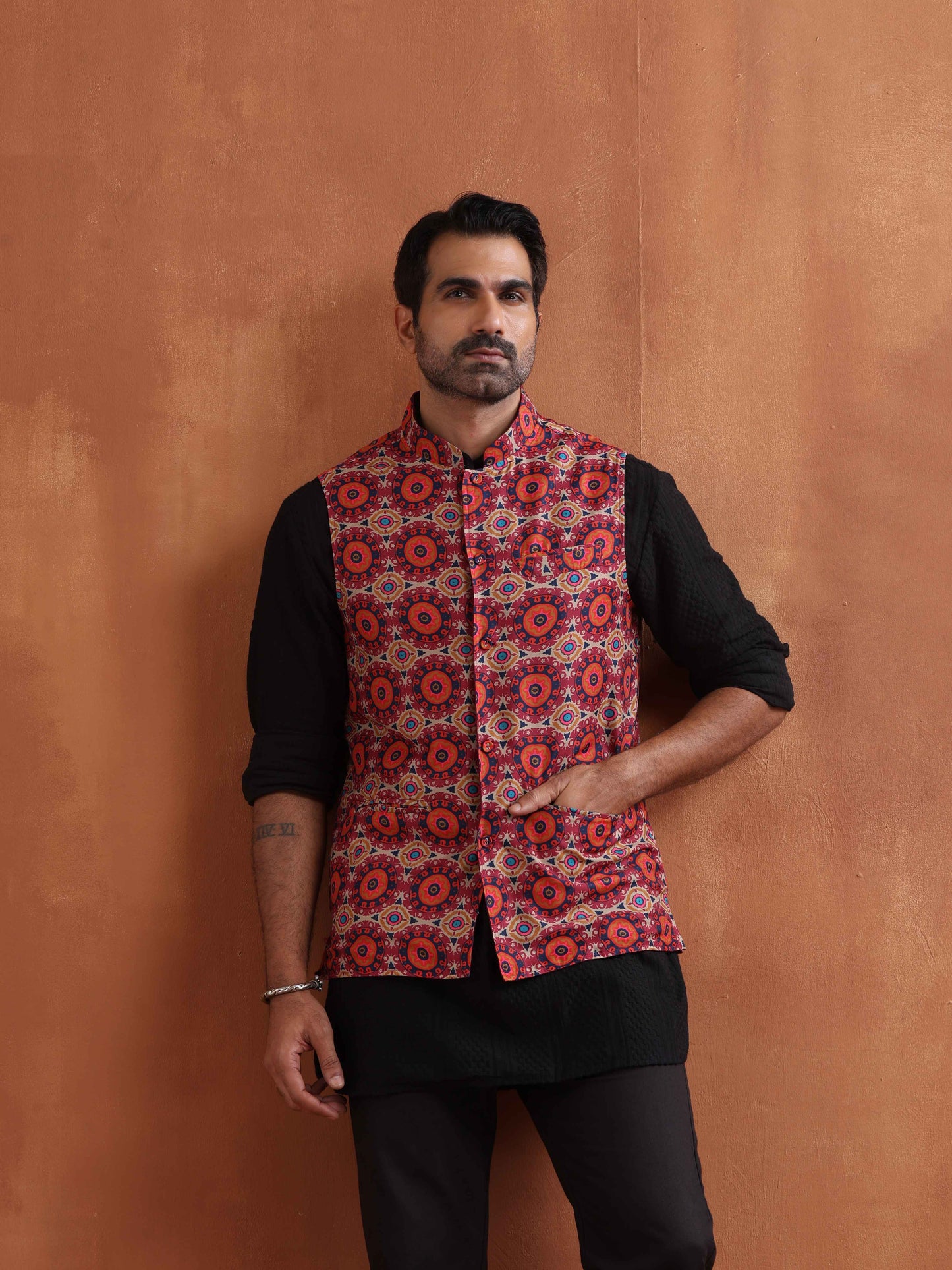 trueBrowns Men's Beige Printed Nehru Jacket | Swadesiicart