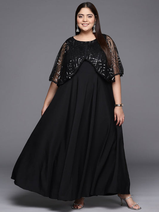 Ahalyaa Plus Size Geometric Print Crepe Layered A-line Maxi Ethnic Dress | Swadesiicart