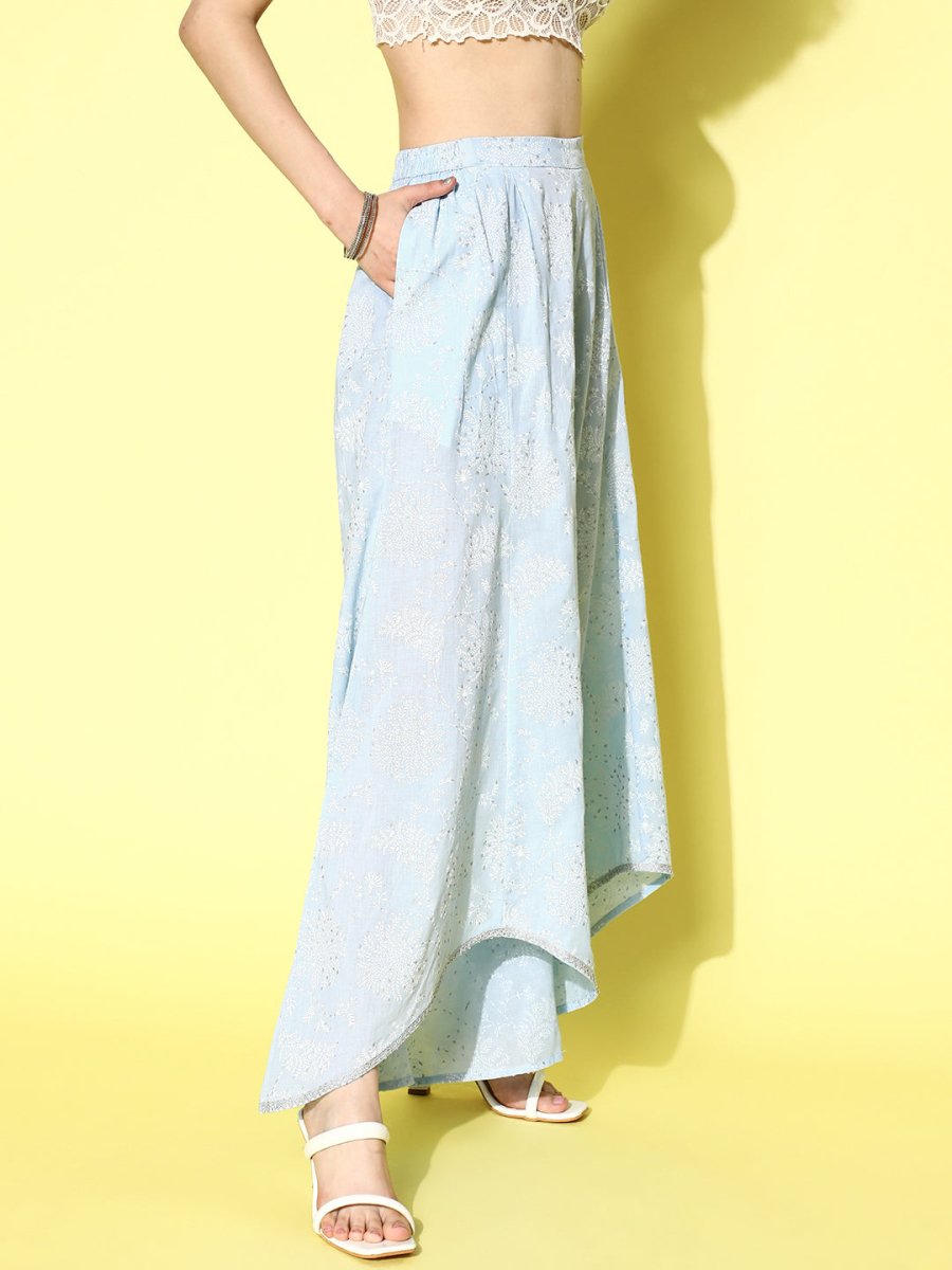 Ahalyaa Women Off White & Blue Floral Printed Flared Ethnic Palazzos | Swadesiicart