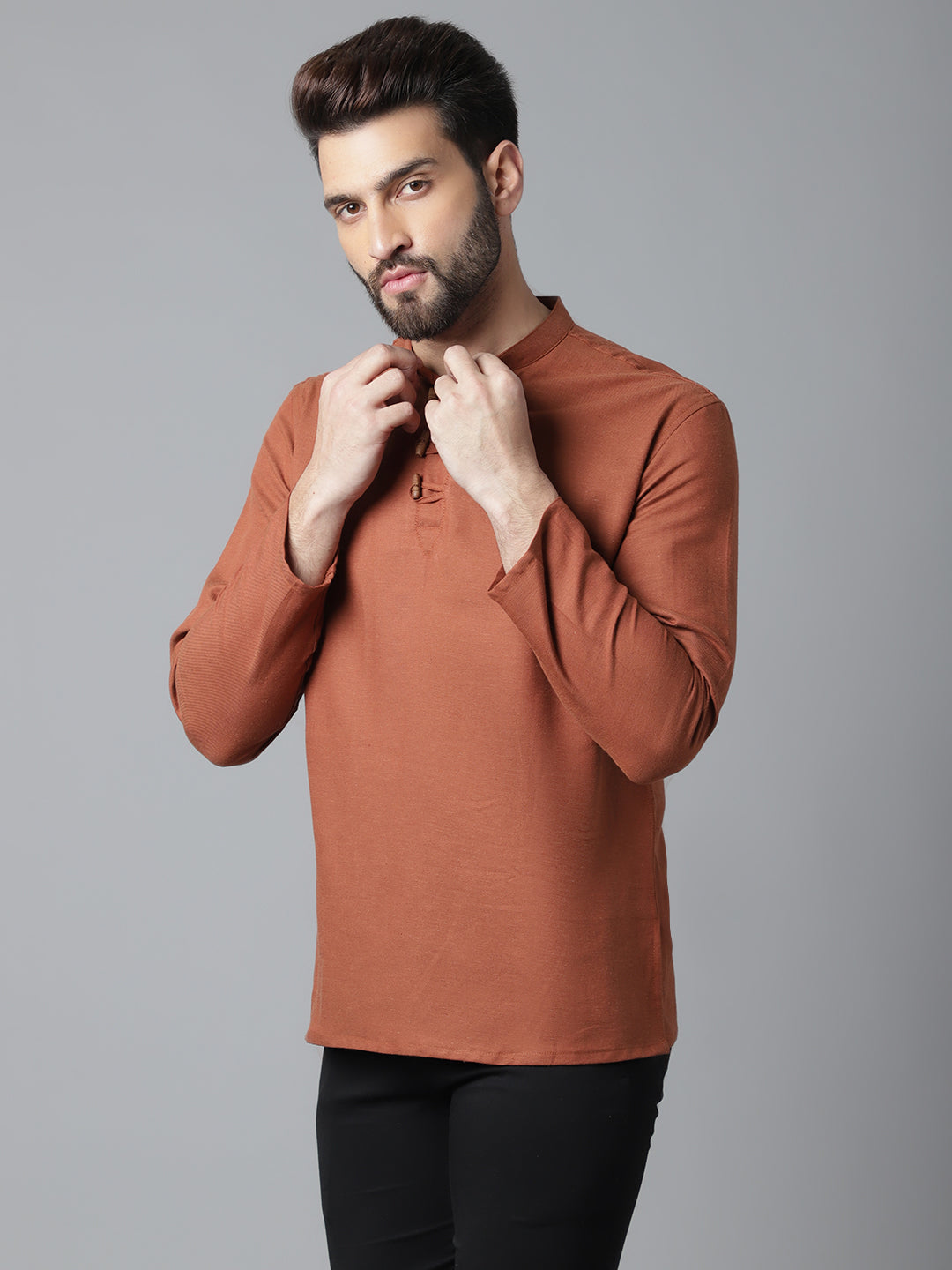 Even Apparels Rust Pure Cotton Kurta With Band Collar | Swadesiicart