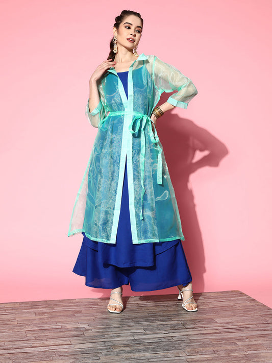 InWeave Women's Ink Blue Strappy Kurta Set With Teal Organza Cape - Swadesiicart