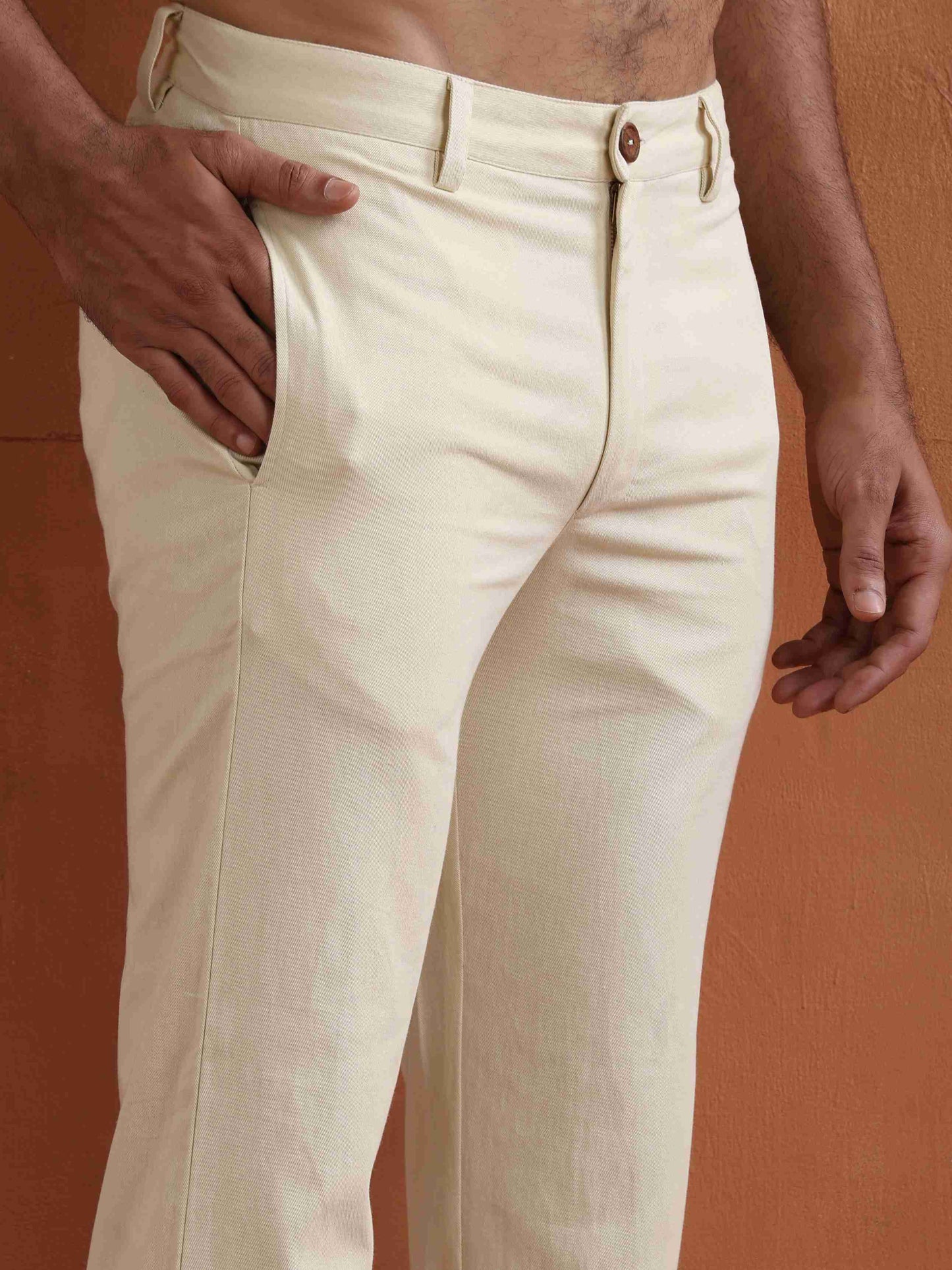 trueBrowns Men's Off White Cotton Twill Pants | Swadesiicart