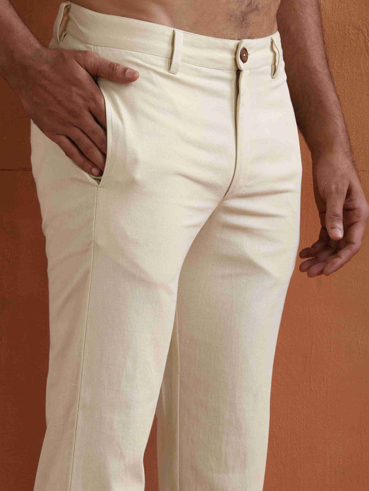 trueBrowns Men's Off White Cotton Twill Pants | Swadesiicart