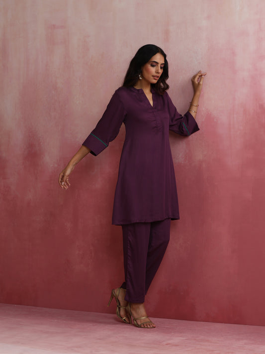 trueBrowns Purple Modal Kurta Co-ord Set - Swadesiicart
