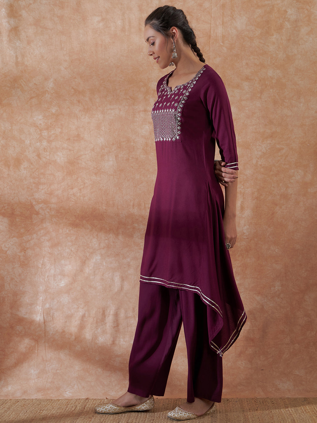 InWeave Women's Burgundy Emb Assymetrical Kurta Pant Set - Swadesiicart
