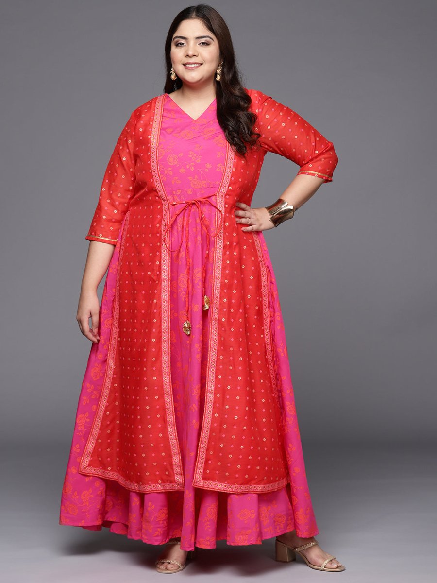 Ahalyaa Plus Size V-neck Maxi Ethnic Dress | Swadesiicart