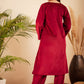 InWeave Women's Barn Red V Neck Asymmetrical Pleated Velvet Kurta Set - Swadesiicart