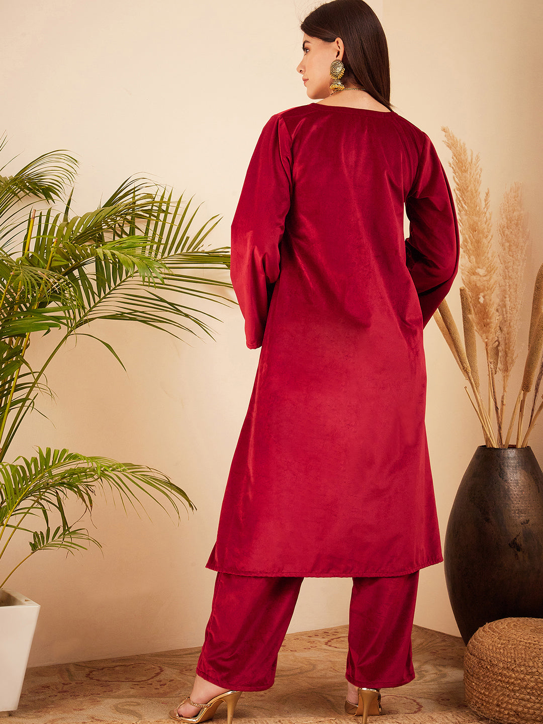 InWeave Women's Barn Red V Neck Asymmetrical Pleated Velvet Kurta Set - Swadesiicart