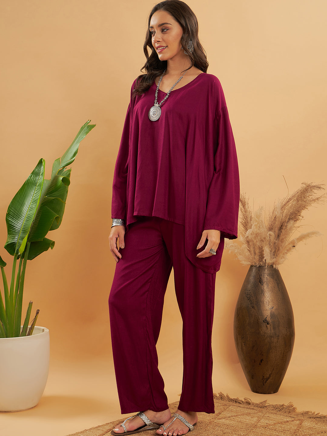 InWeave Women's Jam Wine Solid Boho Full Sleeve Coord Set - Swadesiicart