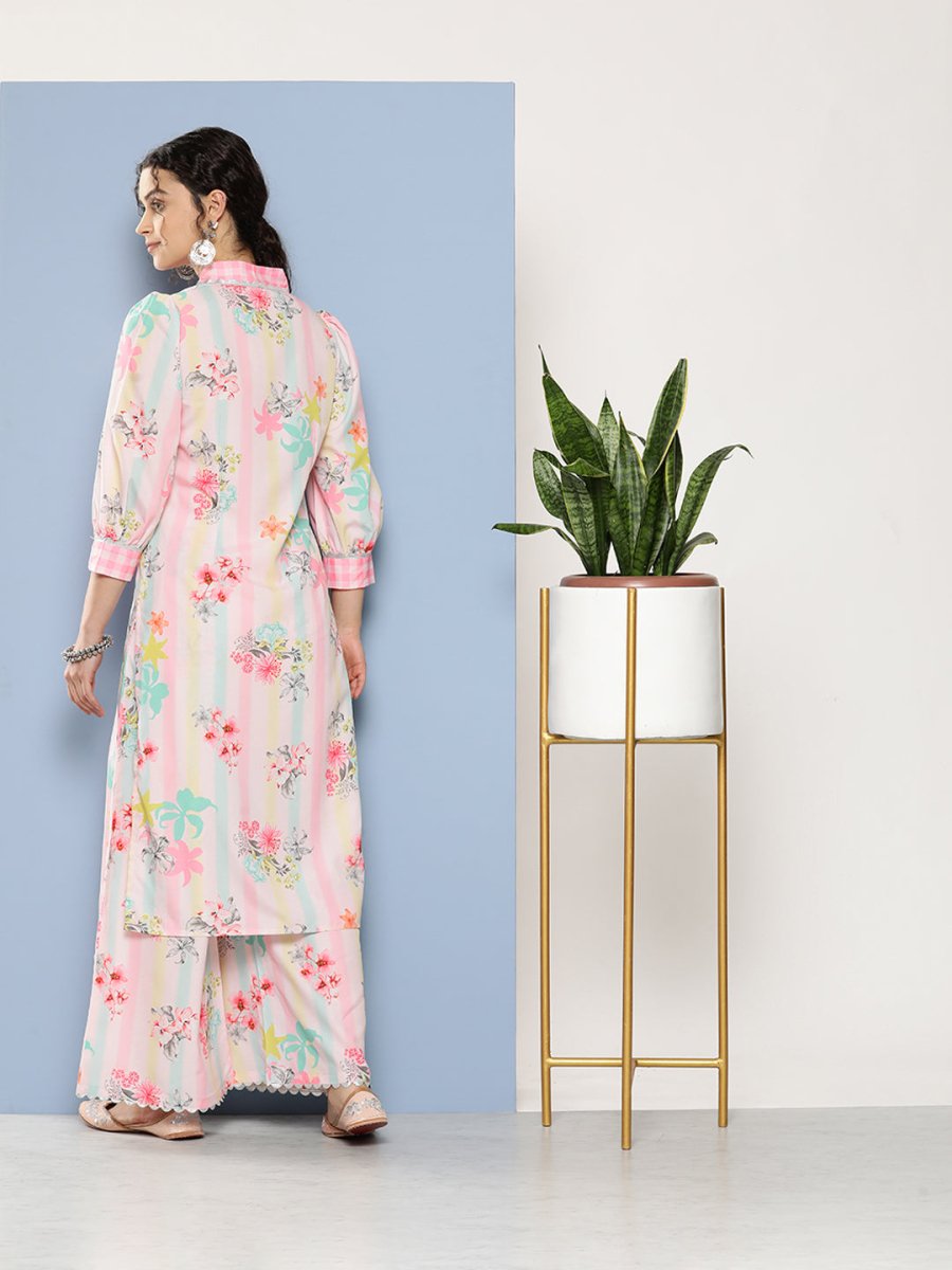 Ahalyaa Women Pink Floral Printed Gotta Patti Kurta with Palazzos | Swadesiicart