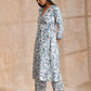 trueBrowns White With Overall Blue Print Cotton Angrakha Kurta Pant Set | Swadesiicart