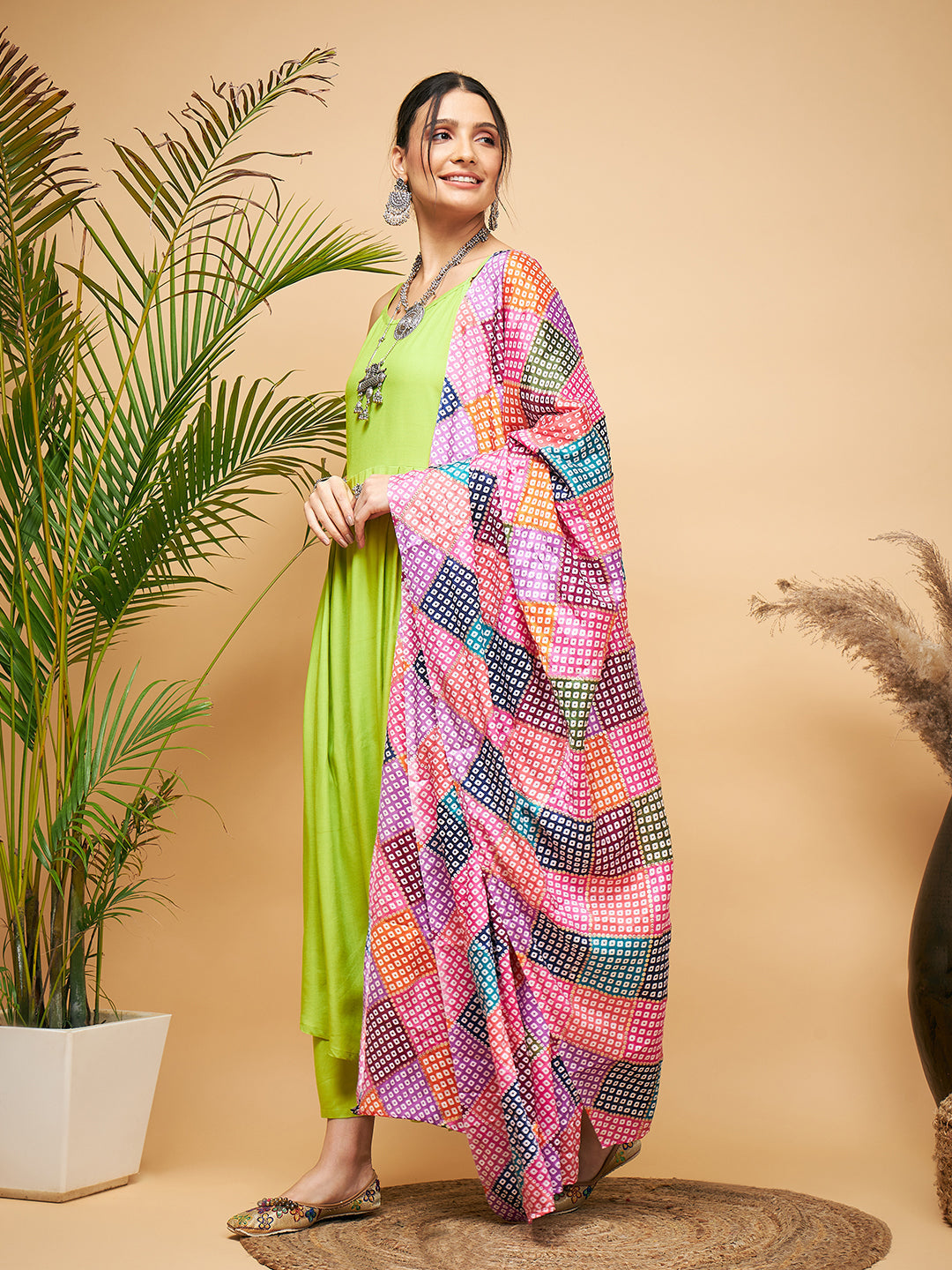 InWeave Women's Lime Green Strappy Set W Square Bandhani Print Silk Dupatta - Swadesiicart