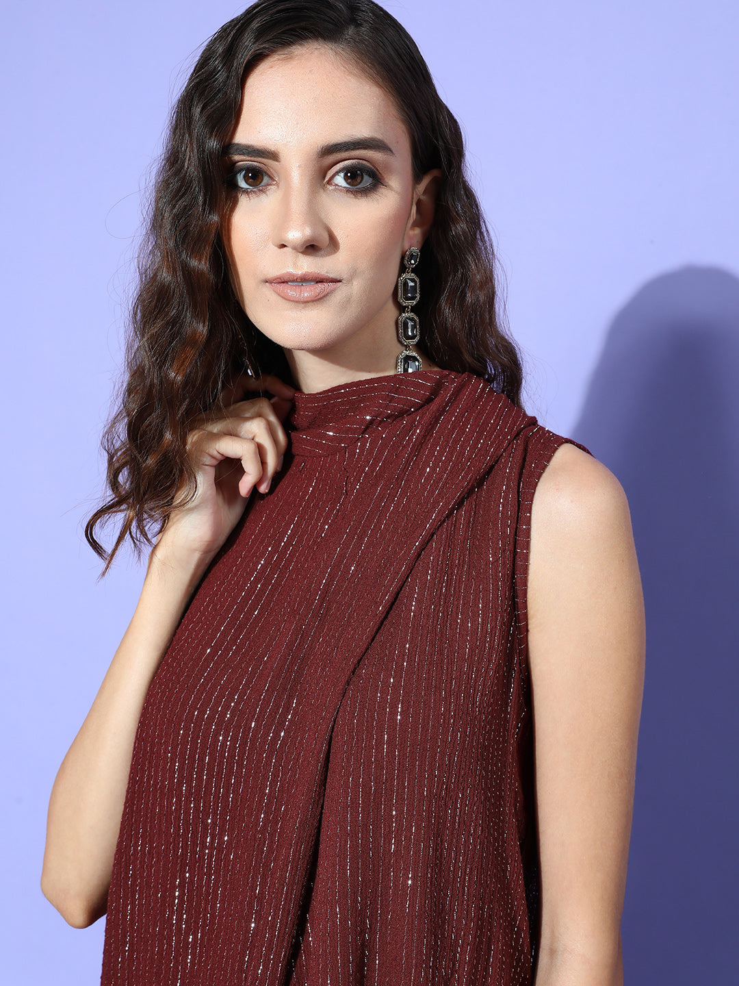 InWeave Women's Maroon Lurex Tie Up Top - Swadesiicart