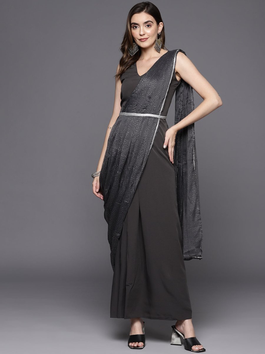 Ahalyaa Abstract Print Layered Crepe Ethnic Dress | Swadesiicart