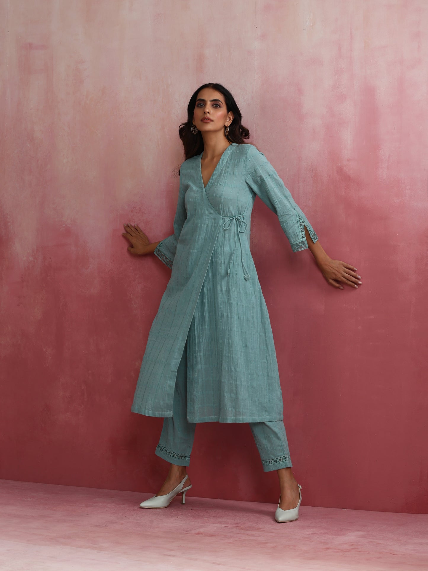 trueBrowns Aqua Blue Cotton Dobby Angrakha Kurta Set | Swadesiicart