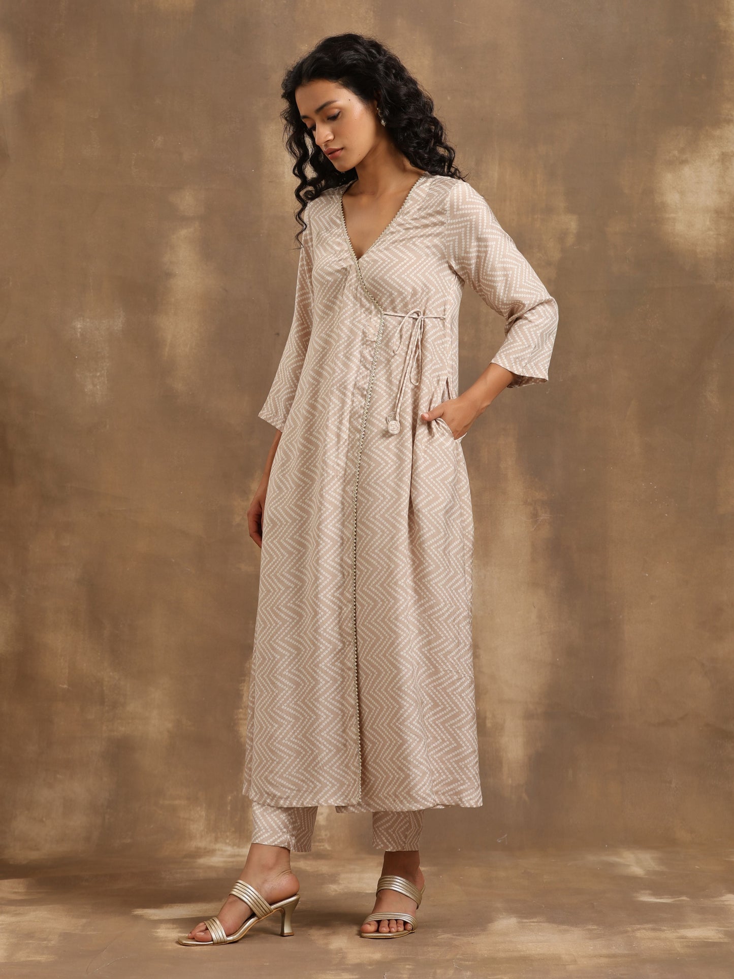 trueBrowns Beige Zig-Zag Print Silk Angrakha Kurta Pant Set | Swadesiicart