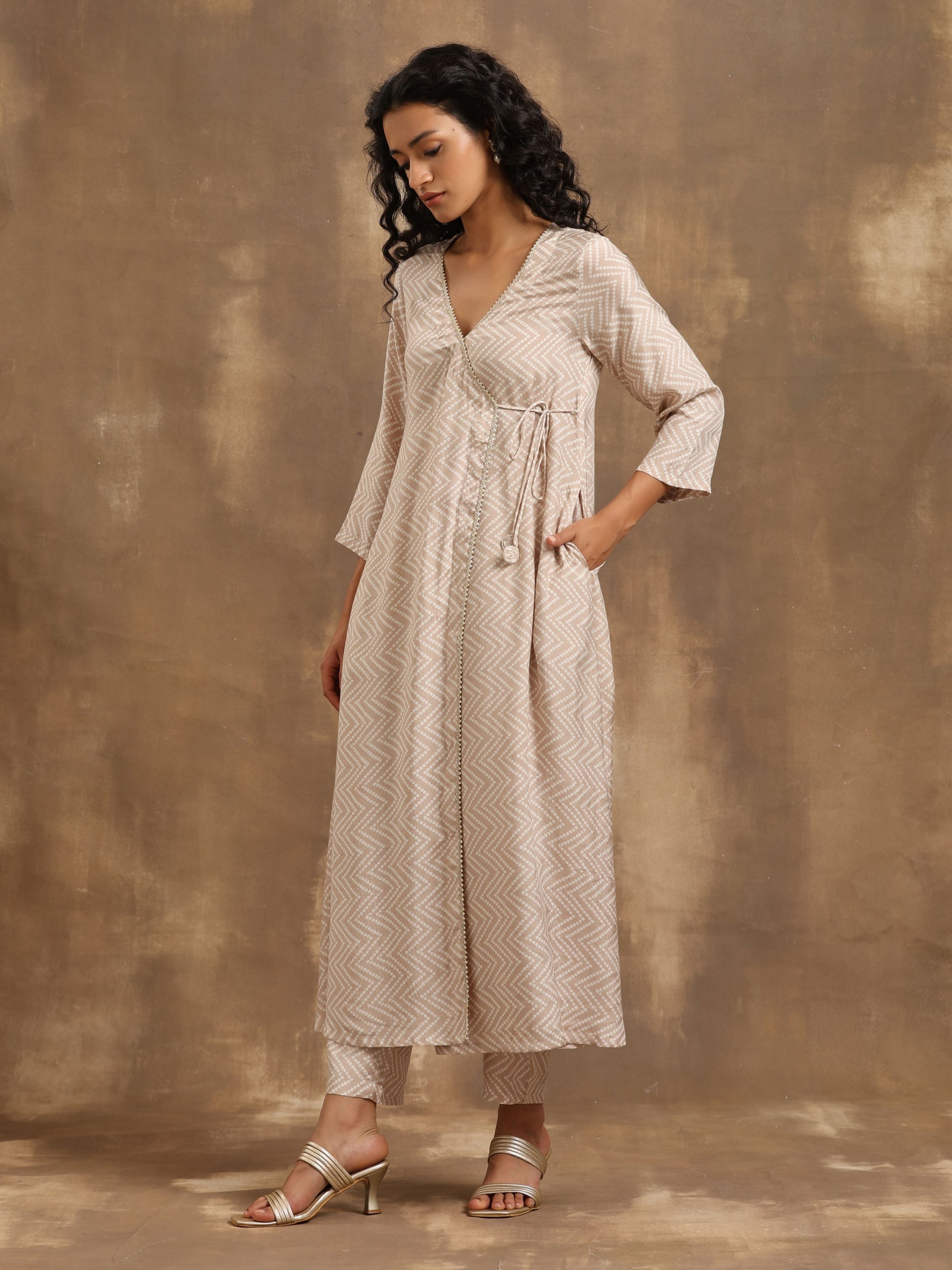 trueBrowns Beige Zig-Zag Print Silk Angrakha Kurta Pant Set | Swadesiicart