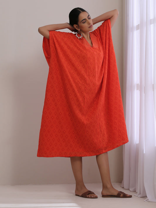 trueBrowns Orange Dobby Panel Kaftan Dress | Swadesiicart