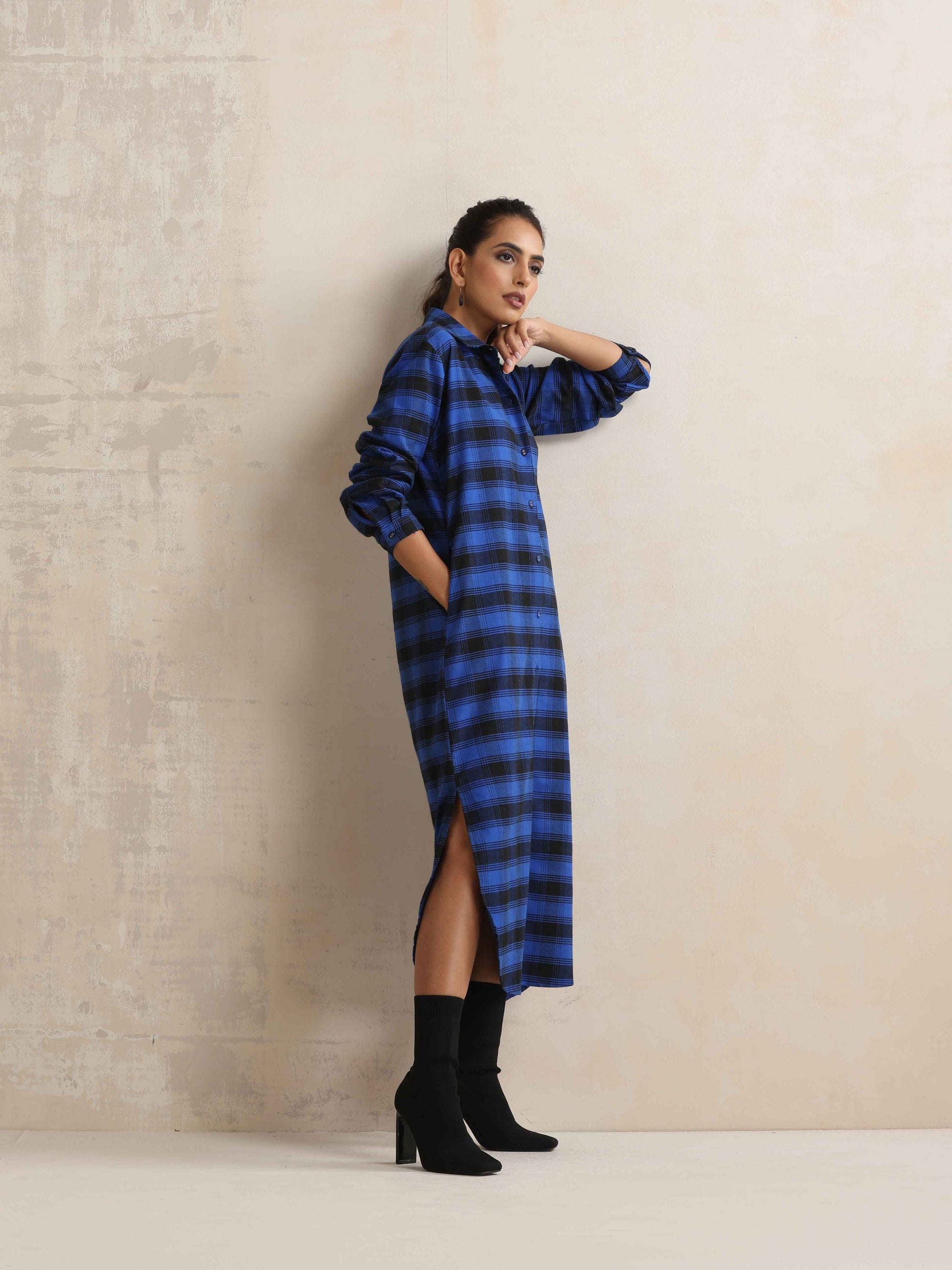 trueBrowns Blue Check Winter Shirt Dress | Swadesiicart