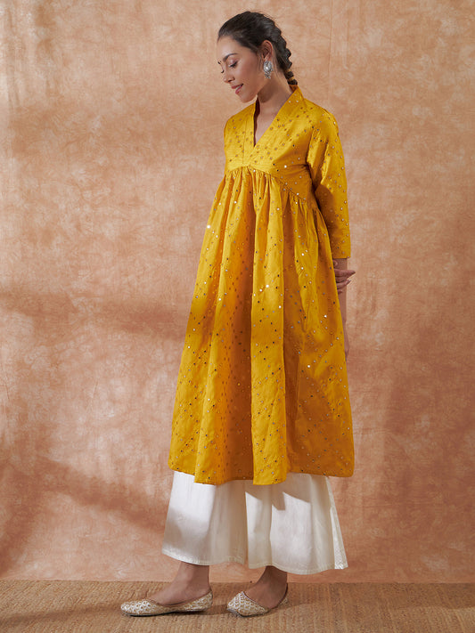 InWeave Women's Mustard Mirror Work Flared Kurta - Swadesiicart