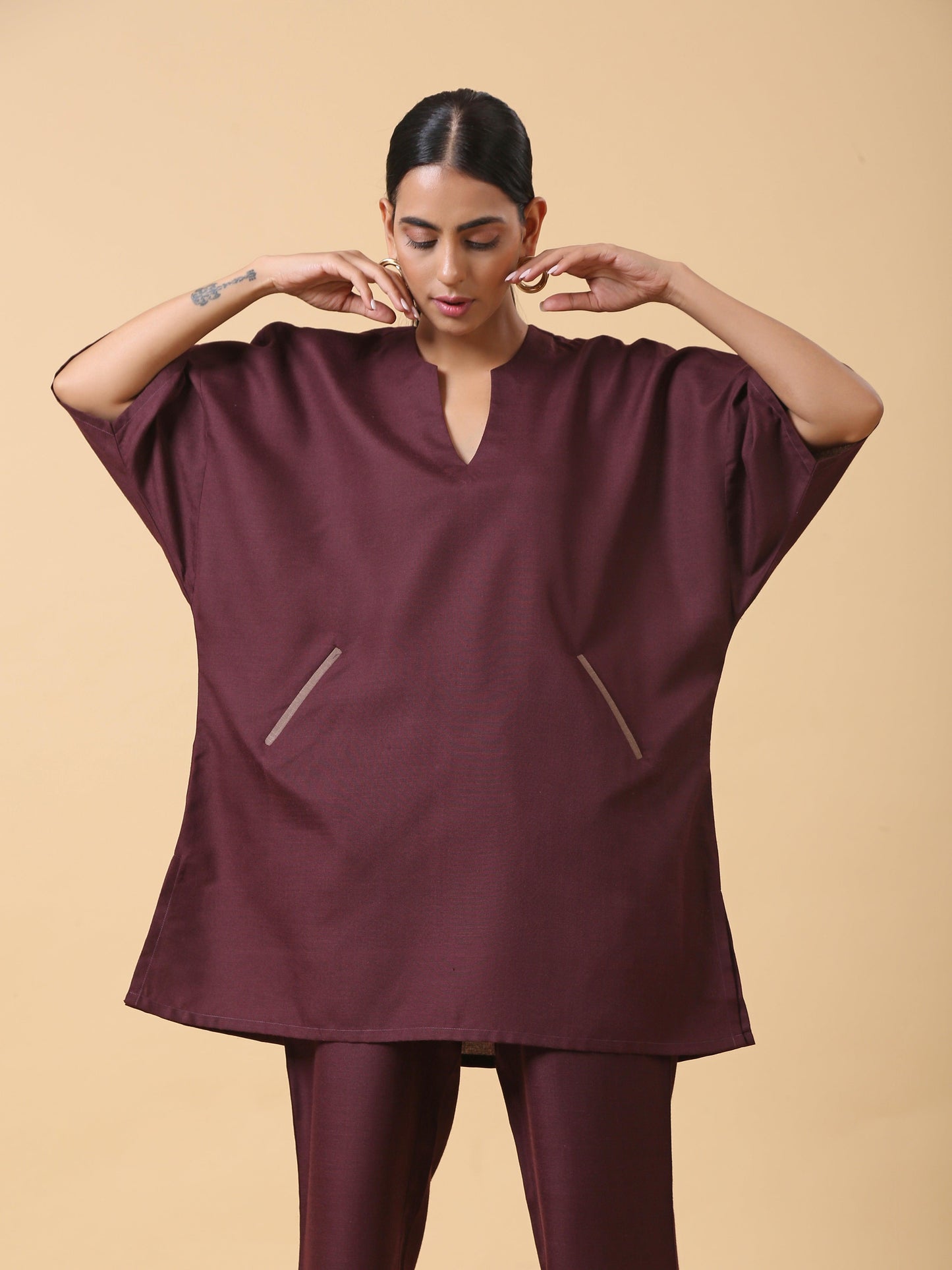 trueBrowns Cotton Linen Purple Boxy Fit Co-Ord Set - Swadesiicart