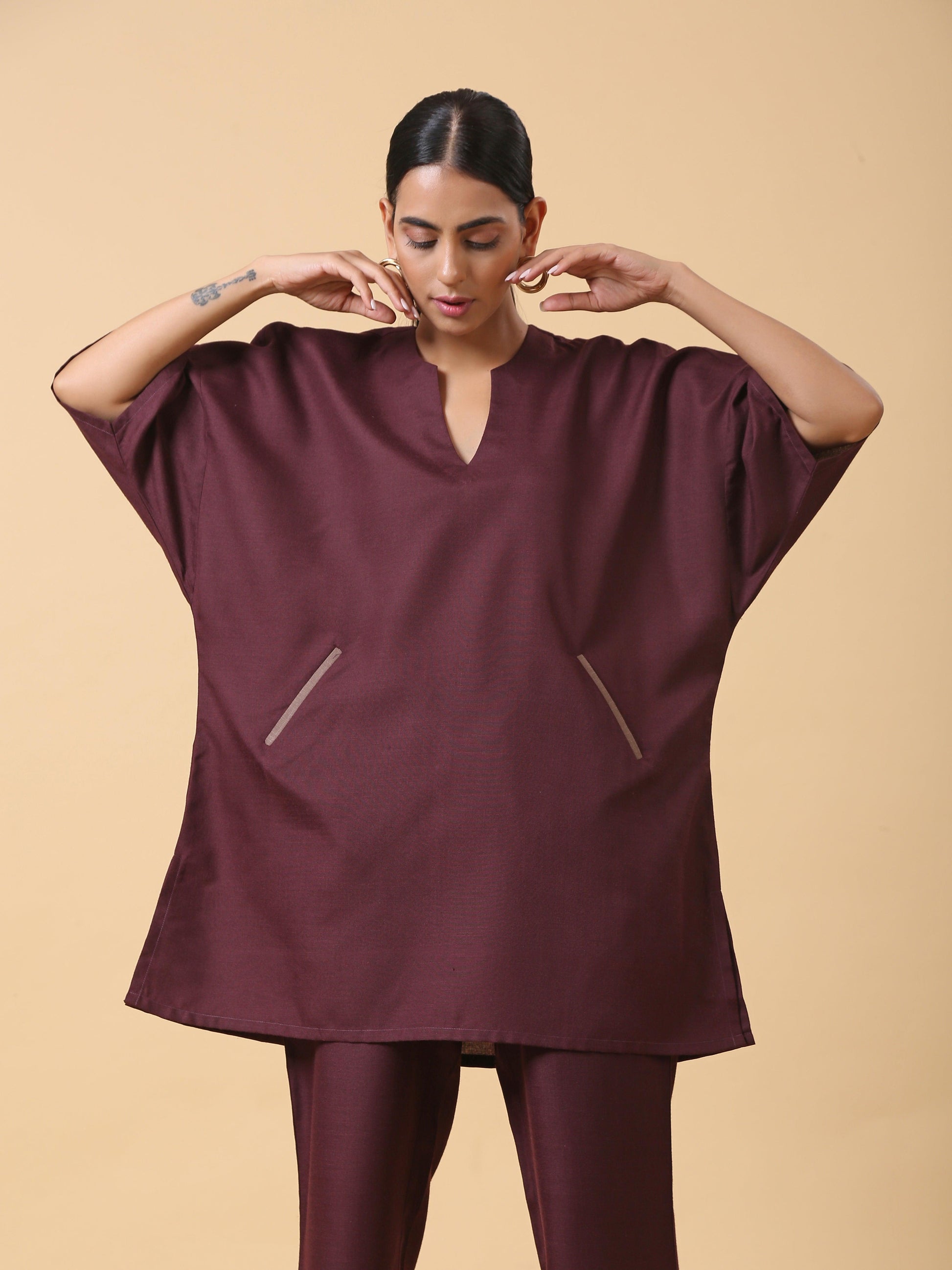 trueBrowns Cotton Linen Purple Boxy Fit Co-Ord Set - Swadesiicart