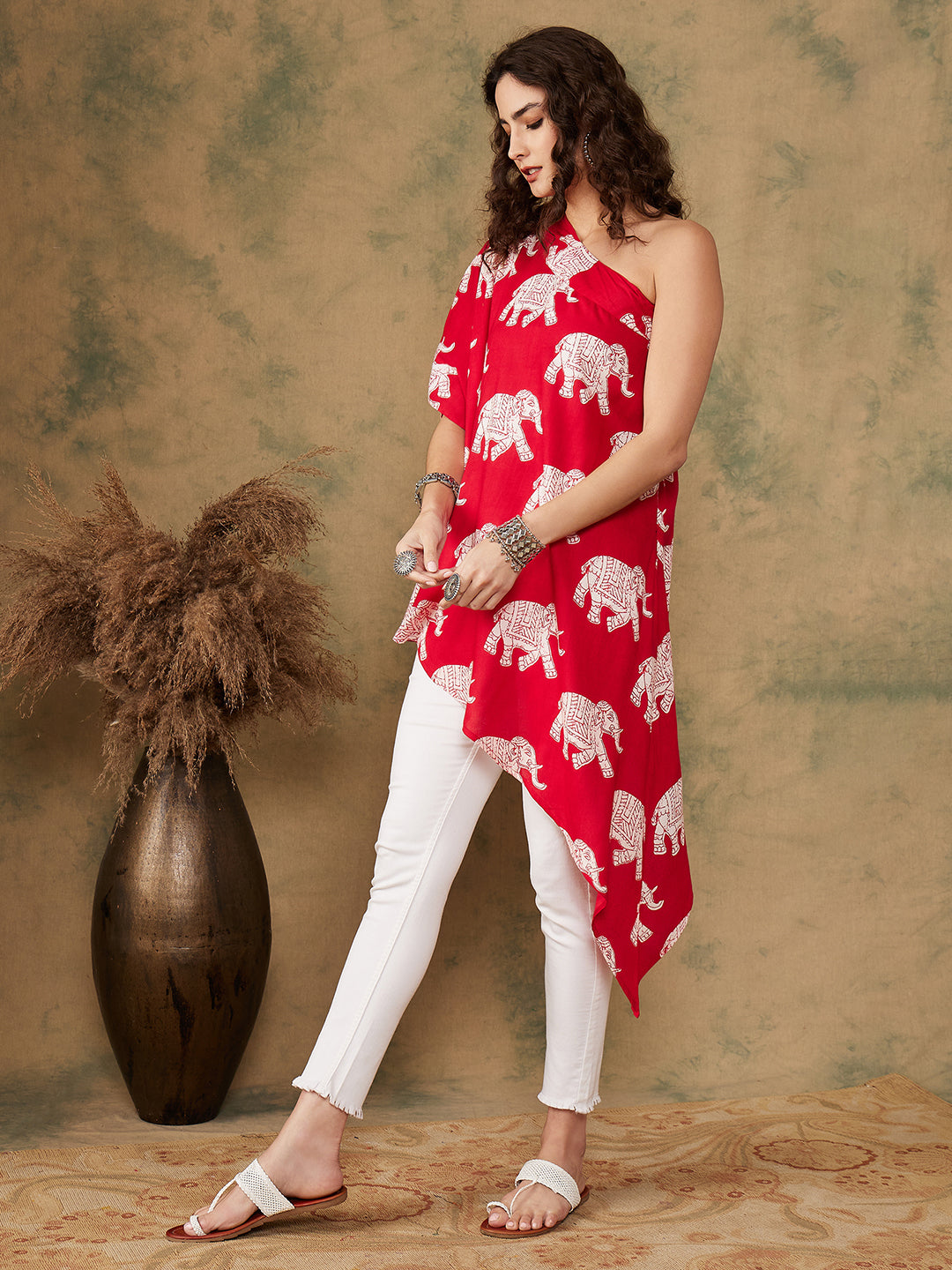 InWeave Women's Red Elephant Print Oneshoulder Top - Swadesiicart