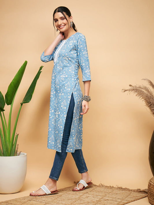 InWeave Women's Powder Blue White Print Lace Straight Kurta - Swadesiicart