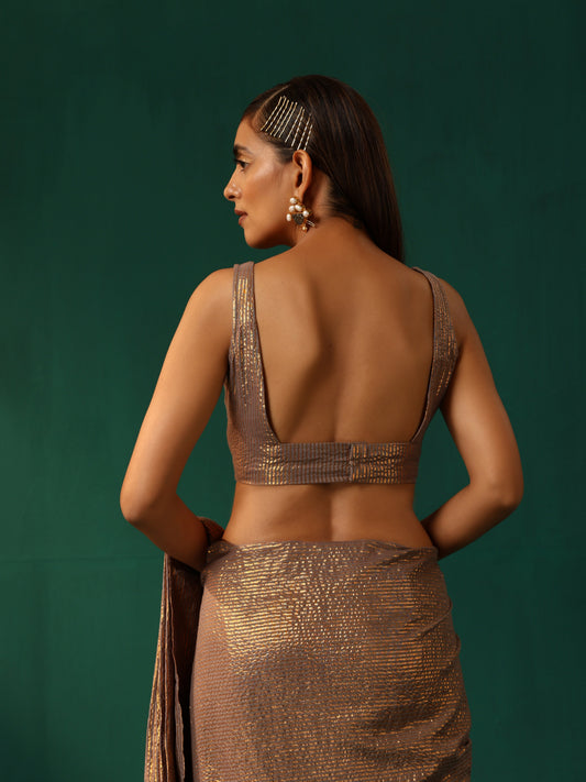 trueBrowns Grey Cotton Gold Lurex Scoop Neck Sleeveless Blouse | Swadesiicart
